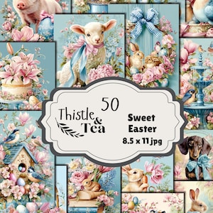 Può includere: Un collage di illustrazioni a tema Pasqua su sfondo azzurro chiaro. Le immagini includono un maiale, un agnello, conigli e un bassotto, adornati con composizioni floreali e nastri. Testo: "Thistle & Tea" e "Sweet Easter".