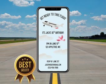 Convite de aniversário com tema de avião | Convite para festa de aniversário | Modelo online personalizável