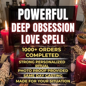 May include: A ritual setup featuring red candles, smoke, and various herbs on a purple cloth. Text reads: POWERFUL DEEP OBSESSION LOVE SPELL, 1000+ ORDERS COMPLETED, STRONG PERSONALIZED RITUAL, PHOTO PROOF PROVIDED, SAME DAY CASTING, MADE FOR YOUR SITUATION.
