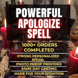 May include: A ritual setup featuring red candles, a central bowl with smoke, and dried herbs on a purple cloth. Text reads: POWERFUL APOLOGIZE SPELL, 1000+ ORDERS COMPLETED, STRONG PERSONALIZED RITUAL, PHOTO PROOF PROVIDED, SAME DAY CASTING, MADE FOR YOUR SITUATION.