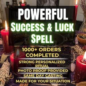 May include: A dark ritual setup featuring red candles, a central cauldron with rising smoke, and scattered herbs on a purple cloth. Text reads: POWERFUL SUCCESS & LUCK SPELL, 1000+ ORDERS COMPLETED, STRONG PERSONALIZED RITUAL, PHOTO PROOF PROVIDED, SAME DAY CASTING, MADE FOR YOUR SITUATION.