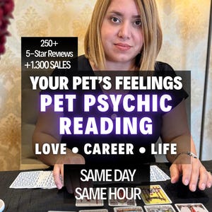 Può includere: Una persona con capelli biondi alle spalle seduta dietro un tavolo nero coperto di carte dei tarocchi. Il testo recita: 250+ 5-Star Reviews +1.300 SALES YOUR PET'S FEELINGS PET PSYCHIC READING LOVE • CAREER • LIFE SAME DAY SAME HOUR.