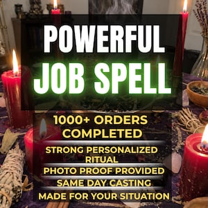 May include: A ritual setup featuring red candles, smoke, and herbs on a purple cloth. Text overlays read: POWERFUL JOB SPELL, 1000+ ORDERS COMPLETED, STRONG PERSONALIZED RITUAL, PHOTO PROOF PROVIDED, SAME DAY CASTING, MADE FOR YOUR SITUATION.