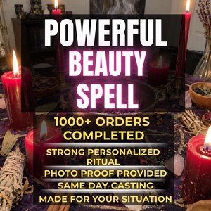 May include: A dark purple cloth surface featuring multiple lit red candles, small wooden bowls containing herbs, and cinnamon sticks. Text overlay reads: POWERFUL BEAUTY SPELL, 1000+ ORDERS COMPLETED, STRONG PERSONALIZED RITUAL, PHOTO PROOF PROVIDED, SAME DAY CASTING, MADE FOR YOUR SITUATION.