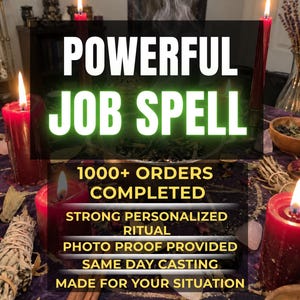 May include: A ritual setup featuring red candles, smoke, and herbs on a purple cloth. Text reads: POWERFUL JOB SPELL, 1000+ ORDERS COMPLETED, STRONG PERSONALIZED RITUAL, PHOTO PROOF PROVIDED, SAME DAY CASTING, MADE FOR YOUR SITUATION.