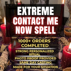 May include: A ritual setup featuring multiple red pillar candles with lit flames, bundles of dried herbs, cinnamon sticks, and small wooden bowls on a purple cloth. Text overlays read: EXTREME CONTACT ME NOW SPELL, 1000+ ORDERS COMPLETED, STRONG PERSONALIZED RITUAL, PHOTO PROOF PROVIDED, SAME DAY CASTING, MADE FOR YOUR SITUATION.