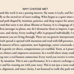 May include: A beige background displays text explaining the benefits of tarot readings. The text, beginning with "WHY CHOOSE ME?", describes the reader's experience, approach, and the value of a personal connection.