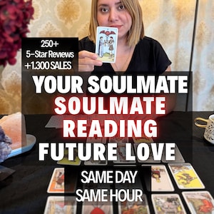 May include: A tarot card reading service featuring the text 250+ 5-Star Reviews +1.300 SALES YOUR SOULMATE SOULMATE READING FUTURE LOVE SAME DAY SAME HOUR. A person holds the Two of Cups tarot card above a spread of various tarot cards on a black surface.