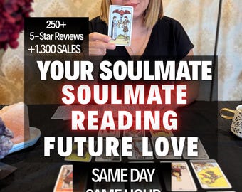 May include: A tarot card reading service featuring the text 250+ 5-Star Reviews +1.300 SALES YOUR SOULMATE SOULMATE READING FUTURE LOVE SAME DAY SAME HOUR. A person holds the Two of Cups tarot card above a spread of various tarot cards on a black surface.