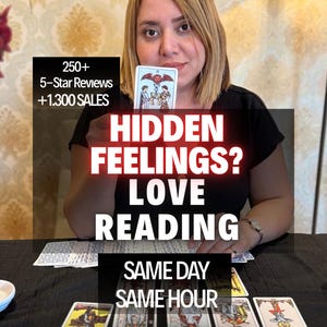 May include: A tarot card reading service featuring the Two of Cups card held up, with various tarot cards spread on a black surface. Text overlays include 250+ 5-Star Reviews, +1.300 SALES, HIDDEN FEELINGS? LOVE READING, and SAME DAY SAME HOUR.