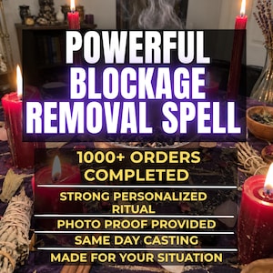 Puede incluir: Un montaje ritual con velas rojas, humo y hierbas sobre un paño oscuro. El texto dice: POWERFUL BLOCKAGE REMOVAL SPELL, 1000+ ORDERS COMPLETED, STRONG PERSONALIZED RITUAL, PHOTO PROOF PROVIDED, SAME DAY CASTING, MADE FOR YOUR SITUATION.
