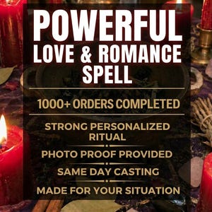 Puede incluir: Un caldero oscuro rodeado de velas de pilar rojas, ramas de canela y cristales. El texto dice: POWERFUL LOVE & ROMANCE SPELL, 1000+ ORDERS COMPLETED, STRONG PERSONALIZED RITUAL, PHOTO PROOF PROVIDED, SAME DAY CASTING, MADE FOR YOUR SITUATION.