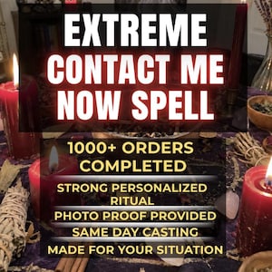 May include: A ritual setup featuring four lit red candles, bundles of dried herbs, and cinnamon sticks on a purple cloth. Text overlay reads: EXTREME CONTACT ME NOW SPELL, 1000+ ORDERS COMPLETED, STRONG PERSONALIZED RITUAL, PHOTO PROOF PROVIDED, SAME DAY CASTING, MADE FOR YOUR SITUATION.