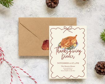 May include: Thanksgiving Dinner invitation card with a roasted turkey illustration, surrounded by a scalloped border. The card includes the date, time, and address details. A brown envelope with a wax seal is also present, along with pine cones and greenery.