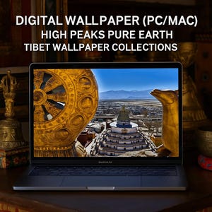 May include: A laptop screen shows a Tibetan landscape with a golden wheel, a white and gold stupa, and a golden statue. The background features mountains and a blue sky. The text at the top of the image reads: DIGITAL WALLPAPER (PC/MAC).