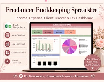 Freelancer Bookkeeping Spreadsheet, Service Business Income Expense Tracker (Excel Google Sheets)