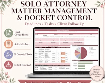 Attorney Case Management Spreadsheet, Matter and Docket Tracker, Client Follow-Up, Excel Google Sheets