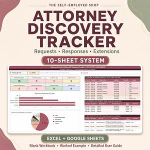 May include: An Attorney Discovery Tracker digital spreadsheet system for Excel and Google Sheets. The dashboard features a 10-sheet system with data tables, a bar chart for request types, and a pie chart for status tracking, all in a professional layout.