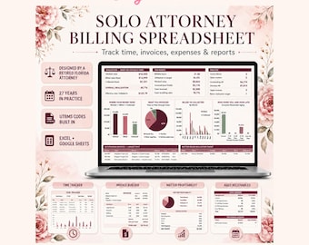 Attorney Billing Spreadsheet | Law Firm Time Tracker Invoice and Realization Organizer | UTBMS Codes | Excel and Google Sheets