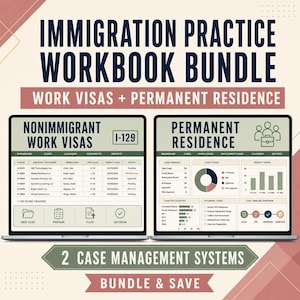 Op de afbeelding: Een Immigration Practice Workbook Bundle met twee digitale casemanagementsystemen. Het linkerscherm toont een I-129 tracker voor niet-immigranten werkvisa, terwijl het rechterscherm een dashboard voor permanente verblijfsvergunningen met grafieken toont.