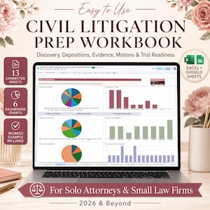 May include: A digital civil litigation prep workbook displayed on a laptop screen, featuring a dashboard with pie charts and bar graphs. The text reads Civil Litigation Prep Workbook, Discovery, Depositions, Evidence, Motions & Trial Readiness.