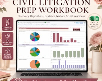 Civil Litigation Prep Workbook | Discovery, Evidence, Motions (Excel, Google Sheets)