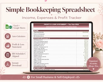 Self-Employed Bookkeeping Spreadsheet, Income Expense Tracker (Excel Google Sheets)