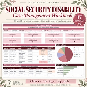 May include: A Social Security Disability Case Management Workbook digital download featuring an executive dashboard with 17 worksheets. The layout includes tables for urgent docket reviews, upcoming hearings, and charts for case status and claim types.