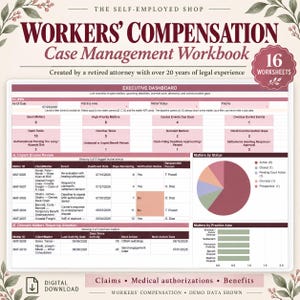May include: A Workers' Compensation Case Management Workbook digital download featuring an executive dashboard with tables, a pie chart, and bar graphs. The document includes 16 worksheets for tracking claims, medical authorizations, and benefits.