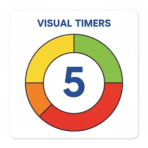 Op de afbeelding: Een visuele timer met een witte achtergrond. De timer is een cirkel verdeeld in vier gekleurde secties: geel, groen, rood en oranje. In het midden staat een groot blauw cijfer 5, en bovenaan staat "VISUAL TIMERS".