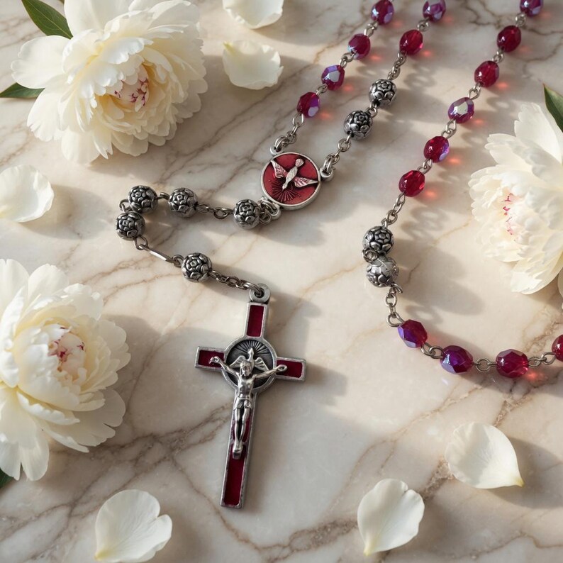 Red AB Crystal Holy Spirit Pentecost Rosary | Italian Dove Center ...