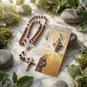 Italian Olive Wood Rosary & San Damiano Cross Set — Franciscan Devotional — Catholic Keepsake Gift — Made in Italy