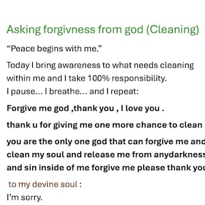 Peut inclure: Texte vert sur fond blanc. Le texte commence par "Demander pardon à Dieu (Nettoyage)" et comprend une citation, un appel à la conscience et une prière de pardon. Le texte se termine par "Je suis désolé."