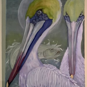 Painting of Brown Pelicans in Evening Mist