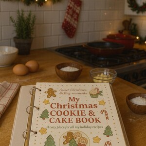 Op de afbeelding: Open kookboek getiteld "My Christmas Cookie & Cake Book" met feestelijke illustraties. Het boek ligt open op een houten oppervlak met bakbenodigdheden en keukendecoratie op de achtergrond. De tekst luidt "Sweet Christines Baking moments".