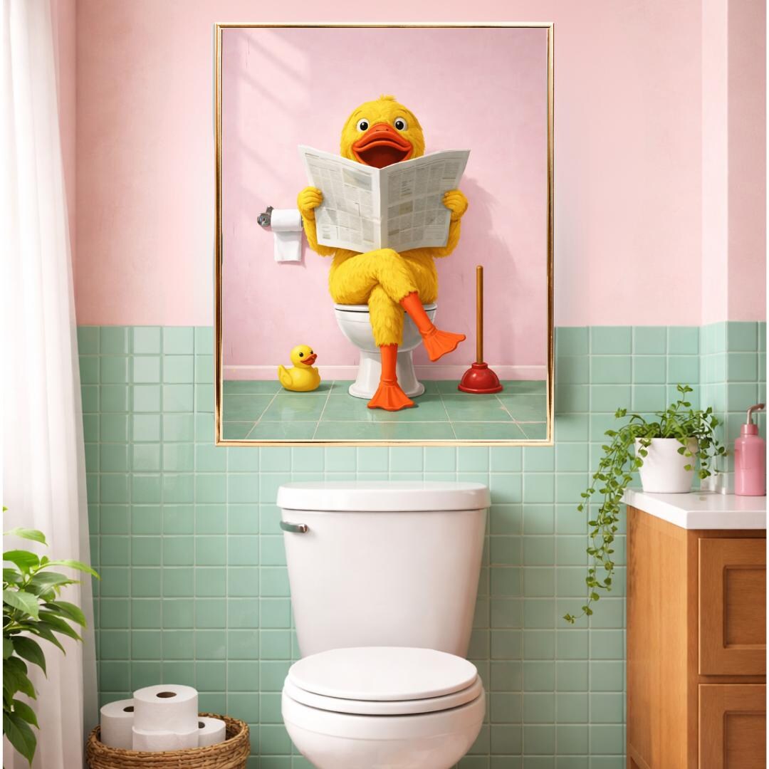 Funny Duck on Toilet Art Print – Whimsical Bathroom Humor (digital ...