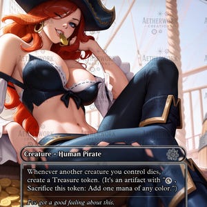 Könnte beinhalten: Eine Fantasy-Art-Karte mit dem Titel "Pitiless Plunderer", die eine Piratin mit roten Haaren zeigt, die ein schwarz-blaues Outfit und einen Piratenhut trägt. Die Karte enthält Text und eine Stärke/Zähigkeit-Bewertung von 1/4.