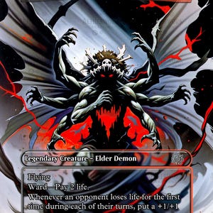 May include: A fantasy card featuring "Valgavoth, Harrower of Souls," a Legendary Elder Demon. The artwork depicts a menacing figure with multiple arms and glowing red eyes, set against a dark, dramatic background. The card's stats are 4/4.