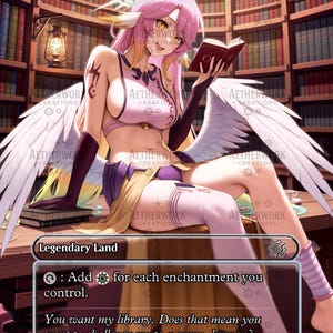 May include: A fantasy art card named "Serra's Sanctum" depicting a winged character with pink hair and a book. The card includes the text "Legendary Land" and a game instruction. The background shows a library setting.