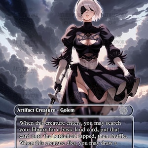 Op de afbeelding: Een fantasy art kaart met een vrouwelijk personage in een zwarte jurk, met een zwaard. De kaart is gelabeld "Solemn Simulacrum" en "Artifact Creature - Golem". De kaart heeft 2/2 kracht en veerkracht.