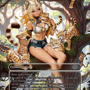May include: A trading card titled Ocelot Pride featuring a blonde character with cat ears sitting in a tree surrounded by several ocelot kittens. The card text includes Creature - Cat, First strike, lifelink, Ascend, and game rules.