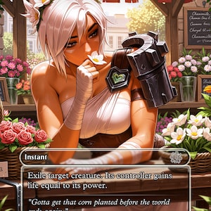 Könnte beinhalten: Eine Sammelkarte mit dem Titel Swords to Plowshares, die eine Figur mit weißem Haar und Blumenkranz zeigt, bekleidet mit weißen Bandagen und einem dunklen Schulterschutz. Der Kartentext lautet: Exile target creature.