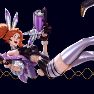 May include: Digital illustration of a woman with red hair, wearing a black and white bodysuit, silver thigh-high boots, and a purple jacket. She holds two futuristic purple and black guns and bunny ears. The background is dark blue with gold lines.