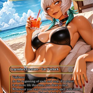 May include: A collectible trading card featuring Y'shtola, Night's Blessed, a legendary cat warlock creature. The illustration depicts a character with white hair and teal highlights, wearing a black bikini, holding a drink on a beach.