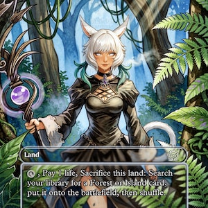 May include: A trading card titled Misty Rainforest featuring a white-haired character with animal ears holding a staff with a purple orb. The card text reads: Land, Pay 1 life, Sacrifice this land: Search your library for a Forest or Island card.