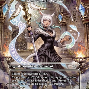May include: A trading card titled Thyrus staff, Caduceus, Staff of Hermes, featuring a white-haired character in a black dress holding a golden staff. The card text includes Legendary Artifact - Equipment, lifelink, and power bonuses.
