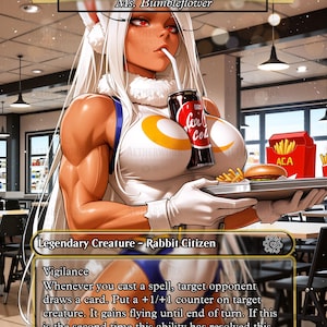 May include: A collectible trading card featuring a muscular character with long white hair and rabbit ears, holding a tray with a burger, fries, and a soda can. The card text includes Rabbit Hero: Mirko, Ms. Bumbleflower, and Legendary Creature - Rabbit Citizen.