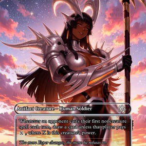 May include: Esper Sentinel card art featuring a female figure in silver armor holding a scythe. The card is labeled "Artifact Creature - Human Soldier" with a power/toughness of 1/1. The background shows a sunset.