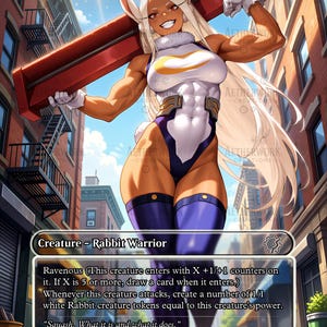 Könnte beinhalten: Eine digitale Kunstkarte mit dem Titel "Jacked Rabbit", die einen muskulösen Kaninchenkrieger in einem weißen und lila Body zeigt, der einen roten Balken hält. Die Karte trägt den Text "Creature - Rabbit Warrior" und enthält Spielanweisungen. Der Hintergrund zeigt eine Stadtstraße.