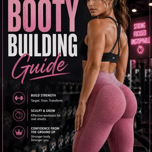 May include: A fitness guide titled THE ULTIMATE BOOTY BUILDING GUIDE featuring text about building strength, sculpting, and confidence. The graphic includes a person wearing a black sports bra and textured pink leggings in a gym setting.